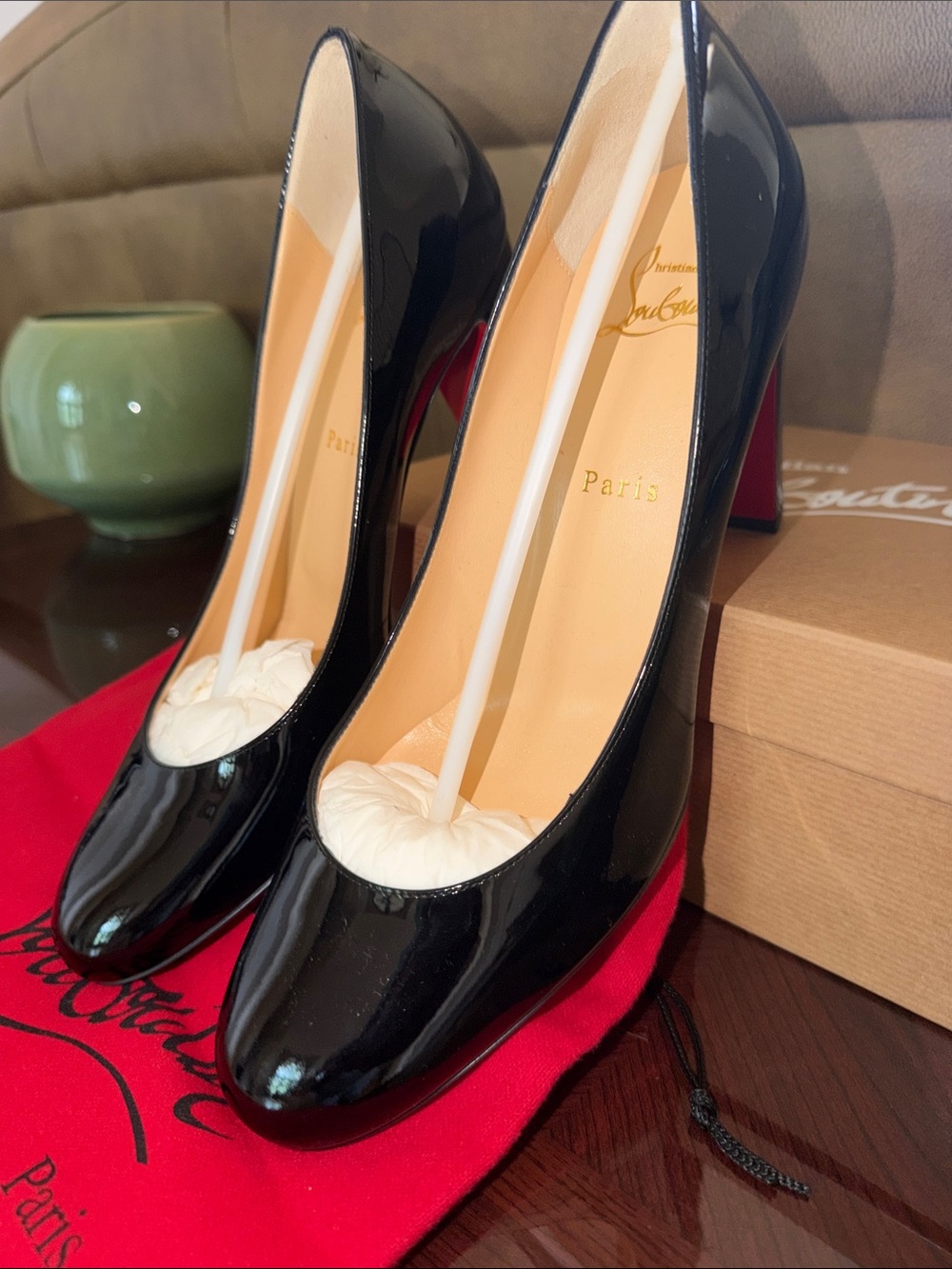 Christian Louboutin Black Patent Block Heel Pumps with Red Soles - Picture 11 of 12